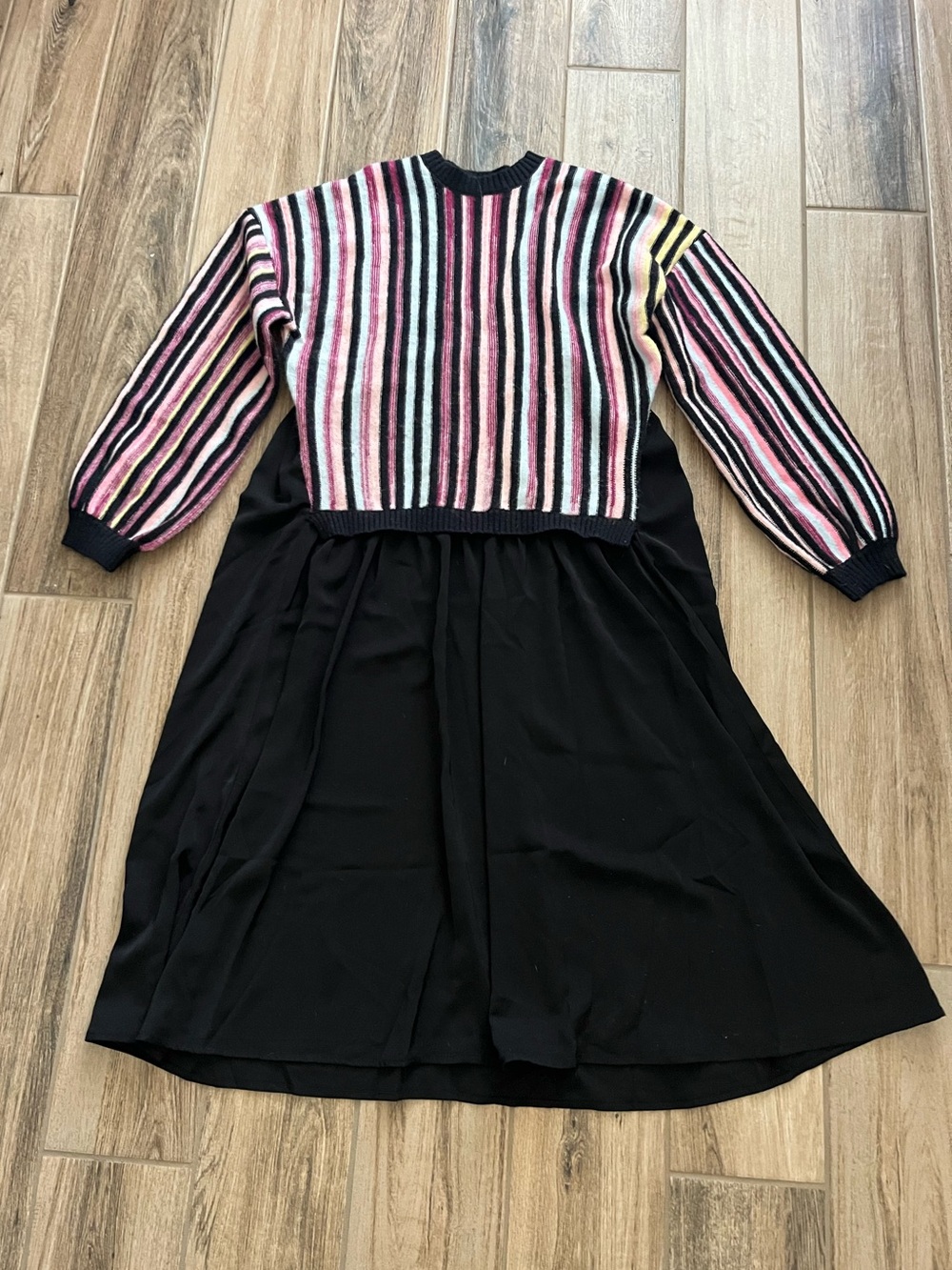 Minimal Girls Black Dress with Pink Multi-Stripe Knit Top